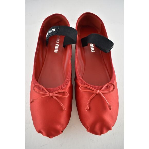 Miu Miu Satin Rosso Red Black White Logo Strap Bow Ballet Ballerina Flats 39 - Picture 8 of 16